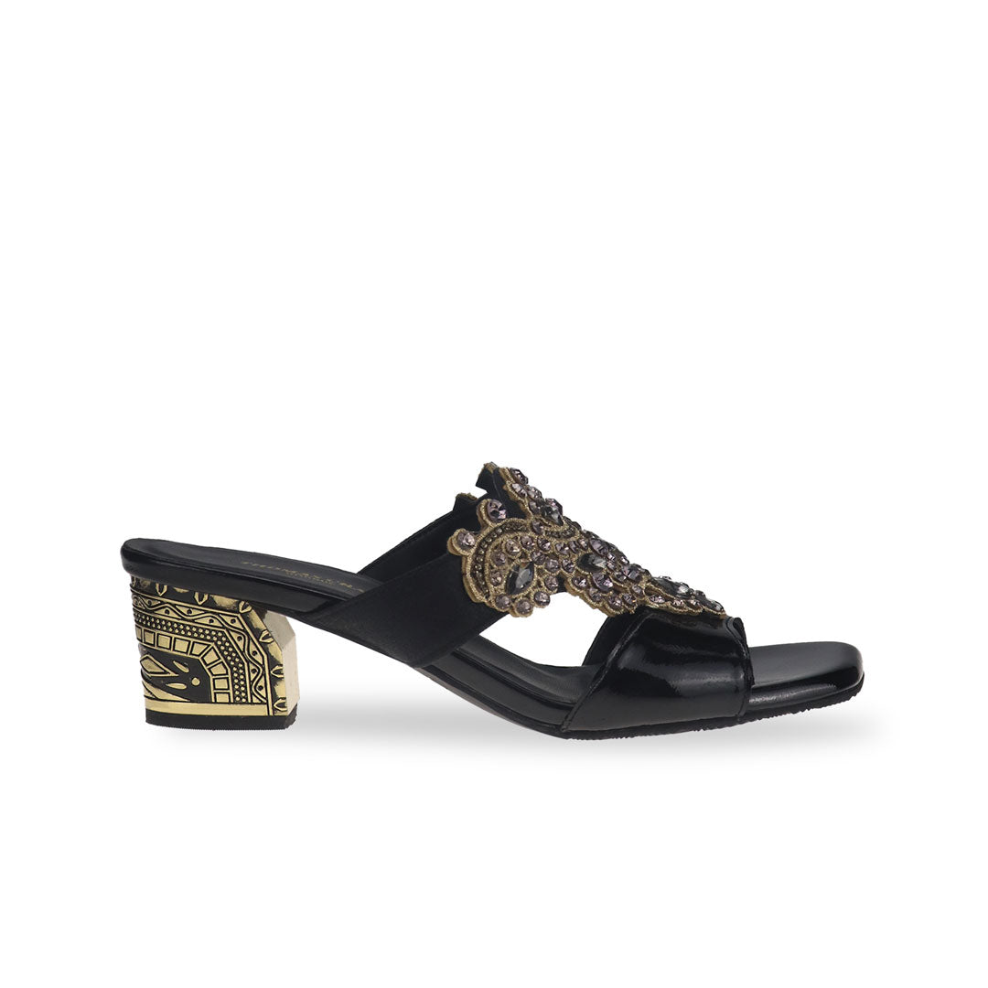Side view showcasing the timeless elegance of Thomas Chan's Glamour Vintage Rhinestone Block Heels in black, exuding sophistication with sparkling rhinestone accents.
