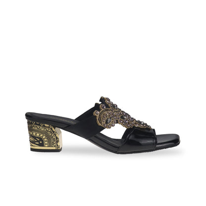 Side view showcasing the timeless elegance of Thomas Chan's Glamour Vintage Rhinestone Block Heels in black, exuding sophistication with sparkling rhinestone accents.