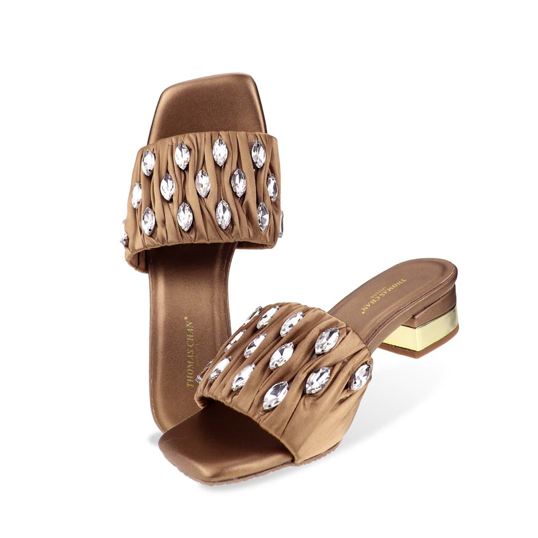 Alt Text:
Full studio shot of Crystal Lux Satin Evening Heels in bronze on a white background, highlighting the satin upper, crystal accents, and 4cm glossy heel — ideal for formal evenings and occasion wear.