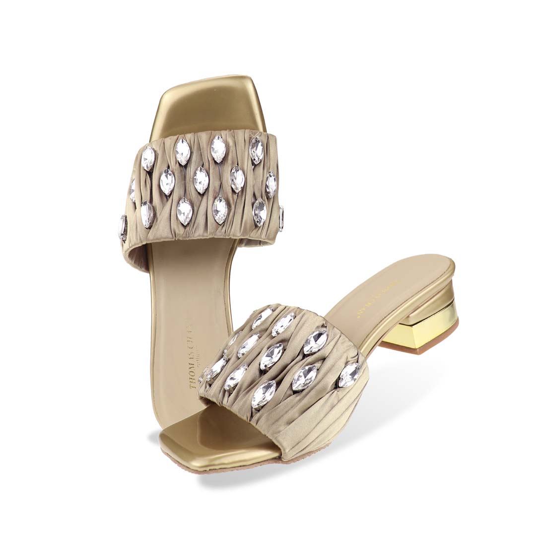Full studio shot of Crystal Lux Satin Evening Heels in gold on a white background, highlighting the satin upper, crystal accents, and 4cm glossy heel — ideal for formal evenings and occasion wear.