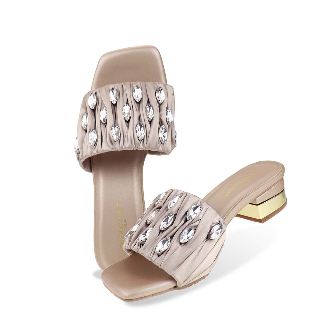 Full studio shot of Crystal Lux Satin Evening Heels in rose gold on a white background, highlighting the satin upper, crystal accents, and 4cm glossy heel — ideal for formal evenings and occasion wear.