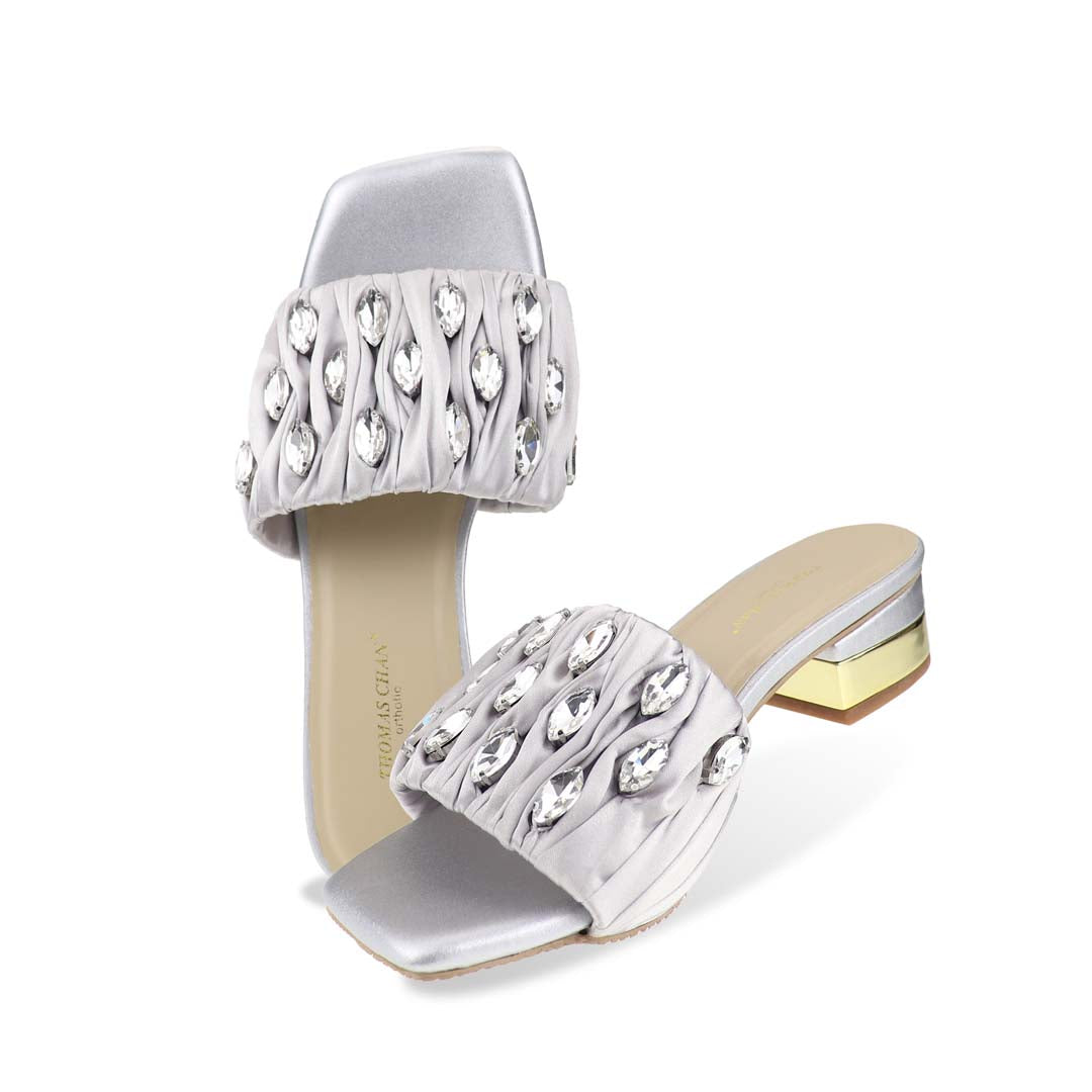 Alt Text:
Full studio shot of Crystal Lux Satin Evening Heels in silver on a white background, highlighting the satin upper, crystal accents, and 4cm glossy heel — ideal for formal evenings and occasion wear.