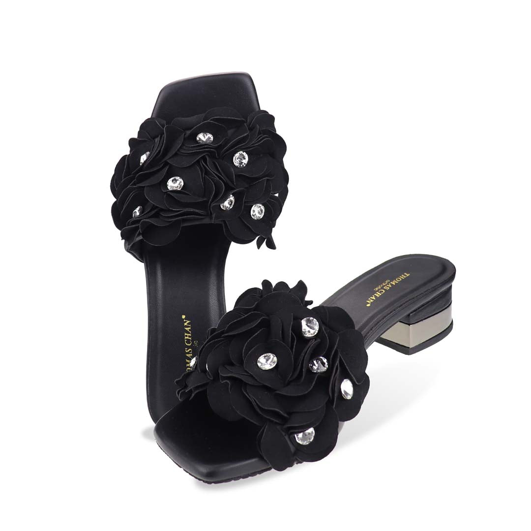 Full studio view of the Blooming Flower Evening Heels laid flat, capturing the entire silhouette, from square toe to back heel, with floral crystal accents.