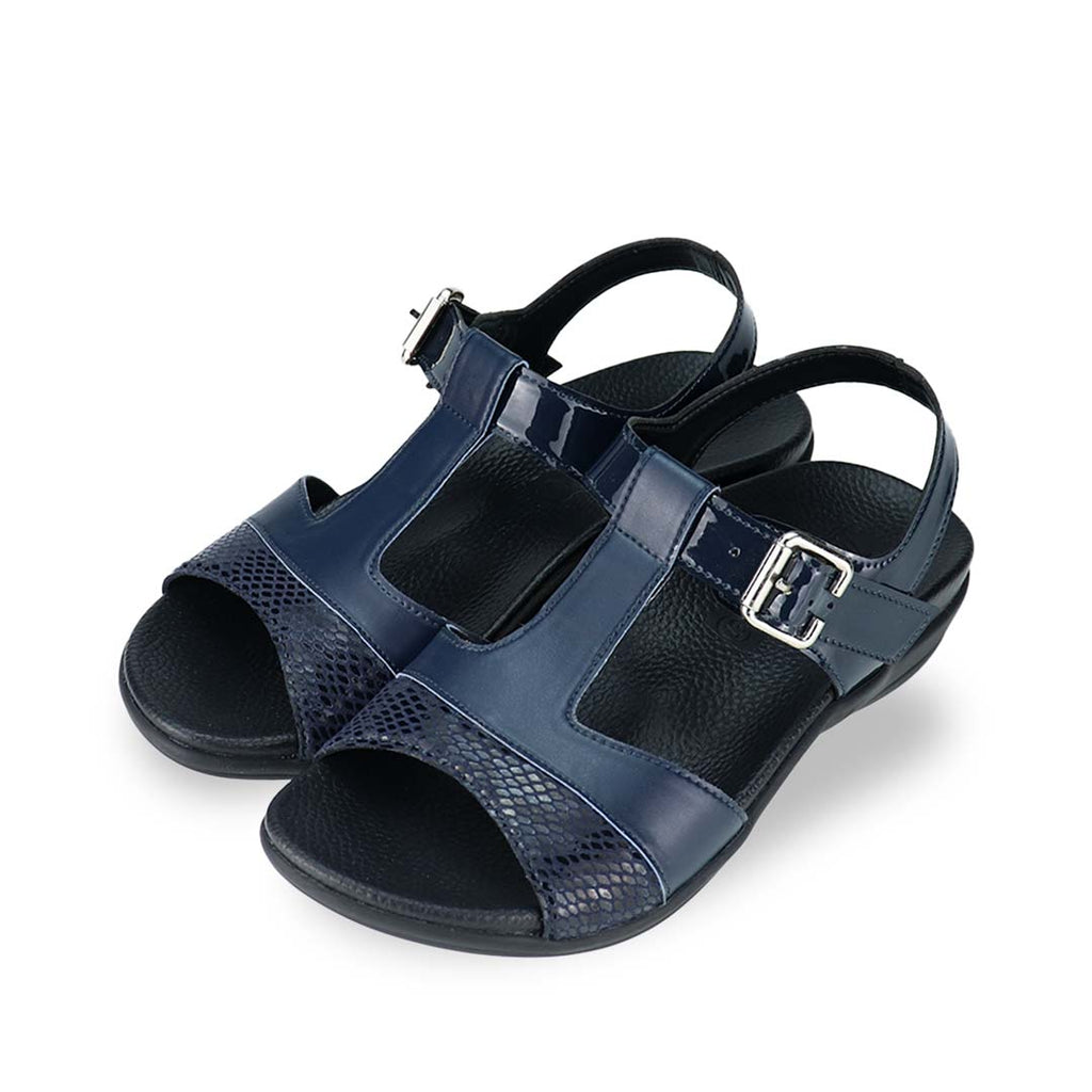 Full view of Thomas Chan's Snake Print Ankle Strap Flat Sandals in blue, featuring a striking mix of snake print, matte, and patterned leather, paired with an adjustable ankle strap. Includes the Thomas Chan® orthotic soft arch-support footbed.