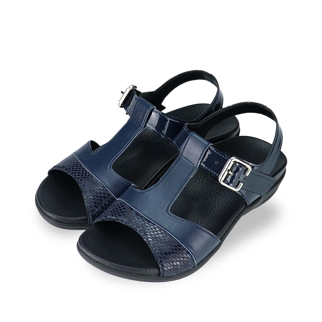 Full view of Thomas Chan's Snake Print Ankle Strap Flat Sandals in blue, featuring a striking mix of snake print, matte, and patterned leather, paired with an adjustable ankle strap. Includes the Thomas Chan® orthotic soft arch-support footbed.