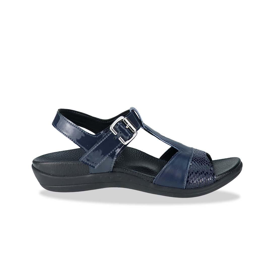 Side view of Thomas Chan's Snake Print Ankle Strap Flat Sandals in blue, featuring a striking mix of snake print, matte, and patterned leather, paired with an adjustable ankle strap. Includes the Thomas Chan® orthotic soft arch-support footbed.