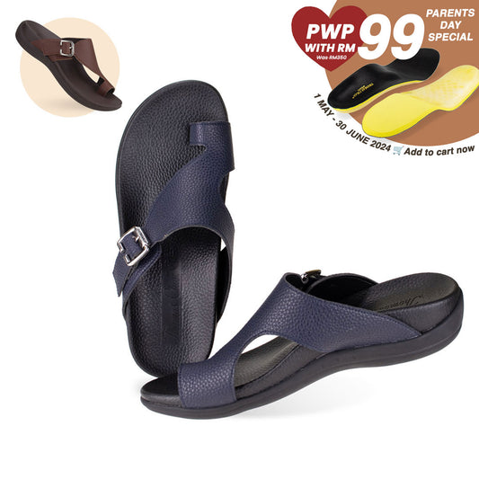 Thomas Chan Toe-strap Flats Sandals come with soft arch support insoles, allowing you to walk with ease, available in navy blue and dark brown colours. From 1st May to 30 June 2024, Thomas Chan is offering a parent's day special bundle: purchase 1 pair of Thomas Chan shoes & top up another RM99 to get a pair of good arch support orthopaedic insoles - originally worth RM350.