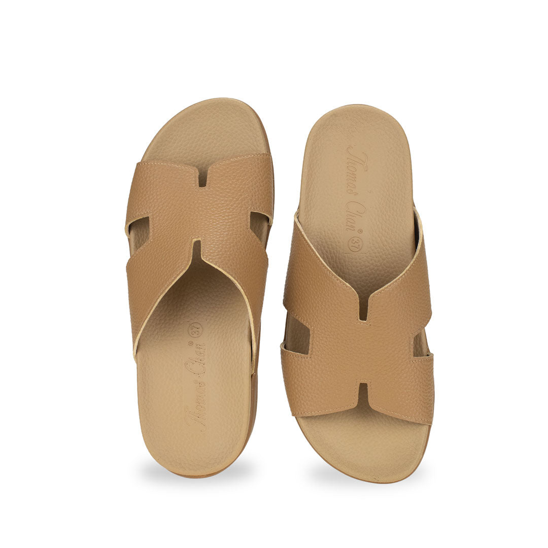 Front view of Thomas Chan Extra Comfort H-Strap Flats in camel color, featuring built-in insoles for excellent arch support