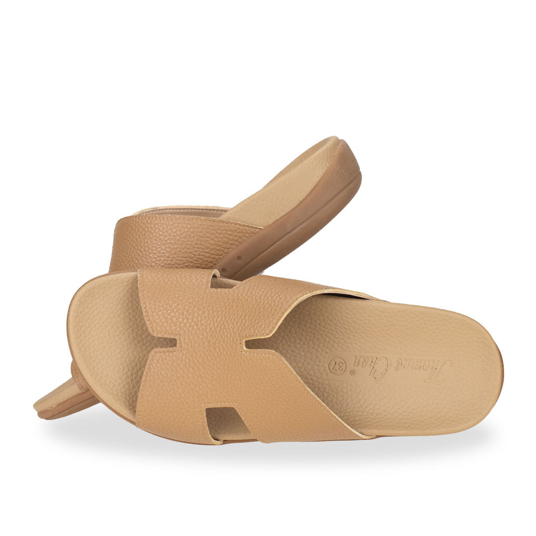 Full view of Thomas Chan Extra Comfort H-Strap Flats in camel color, featuring built-in insoles for excellent arch support