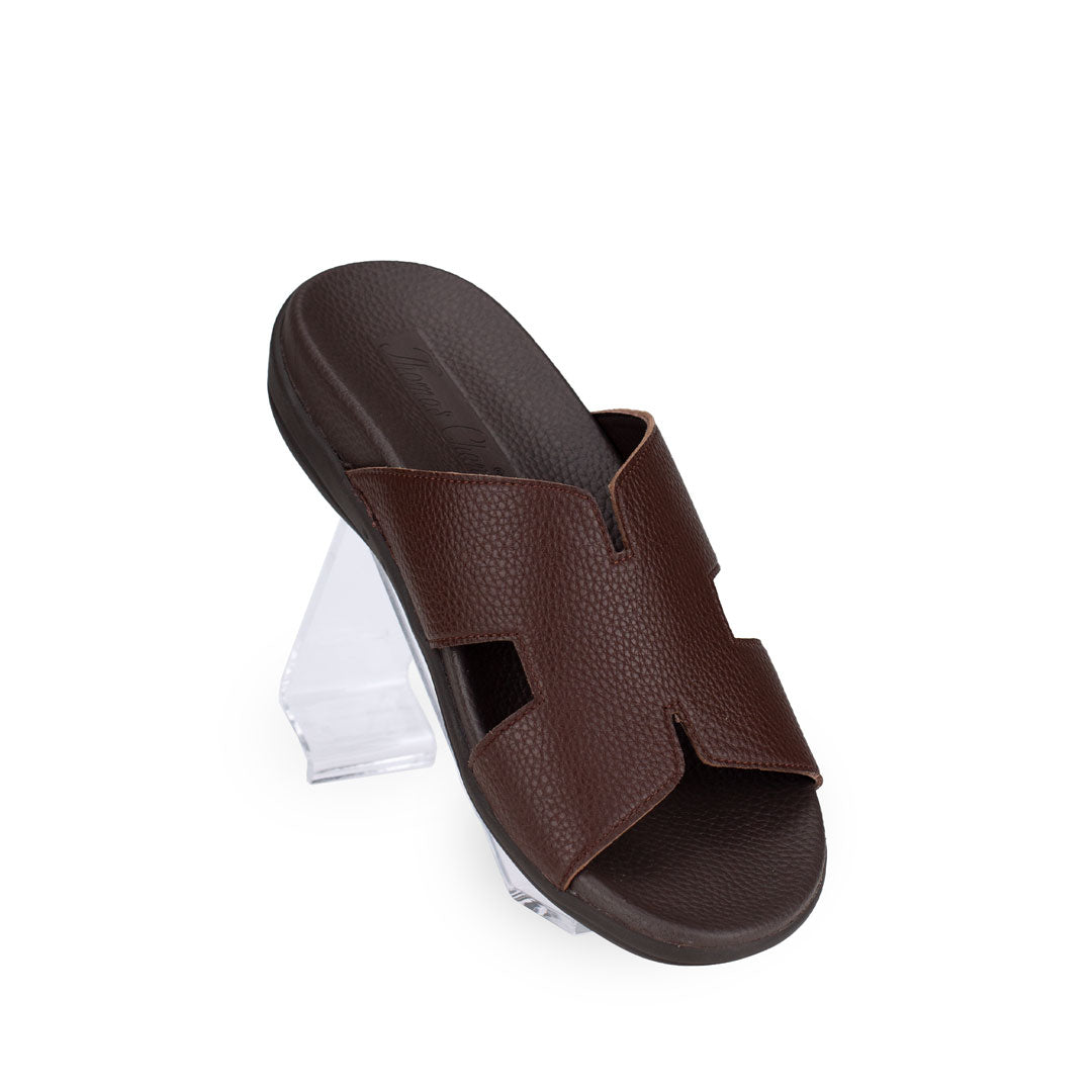 Diagonal view of Thomas Chan Extra Comfort H-Strap Flats in dark brown colour, featuring built-in insoles for excellent arch support