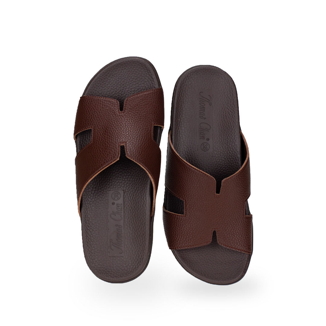Front view of Thomas Chan Extra Comfort H-Strap Flats in dark brown colour, featuring built-in insoles for excellent arch support