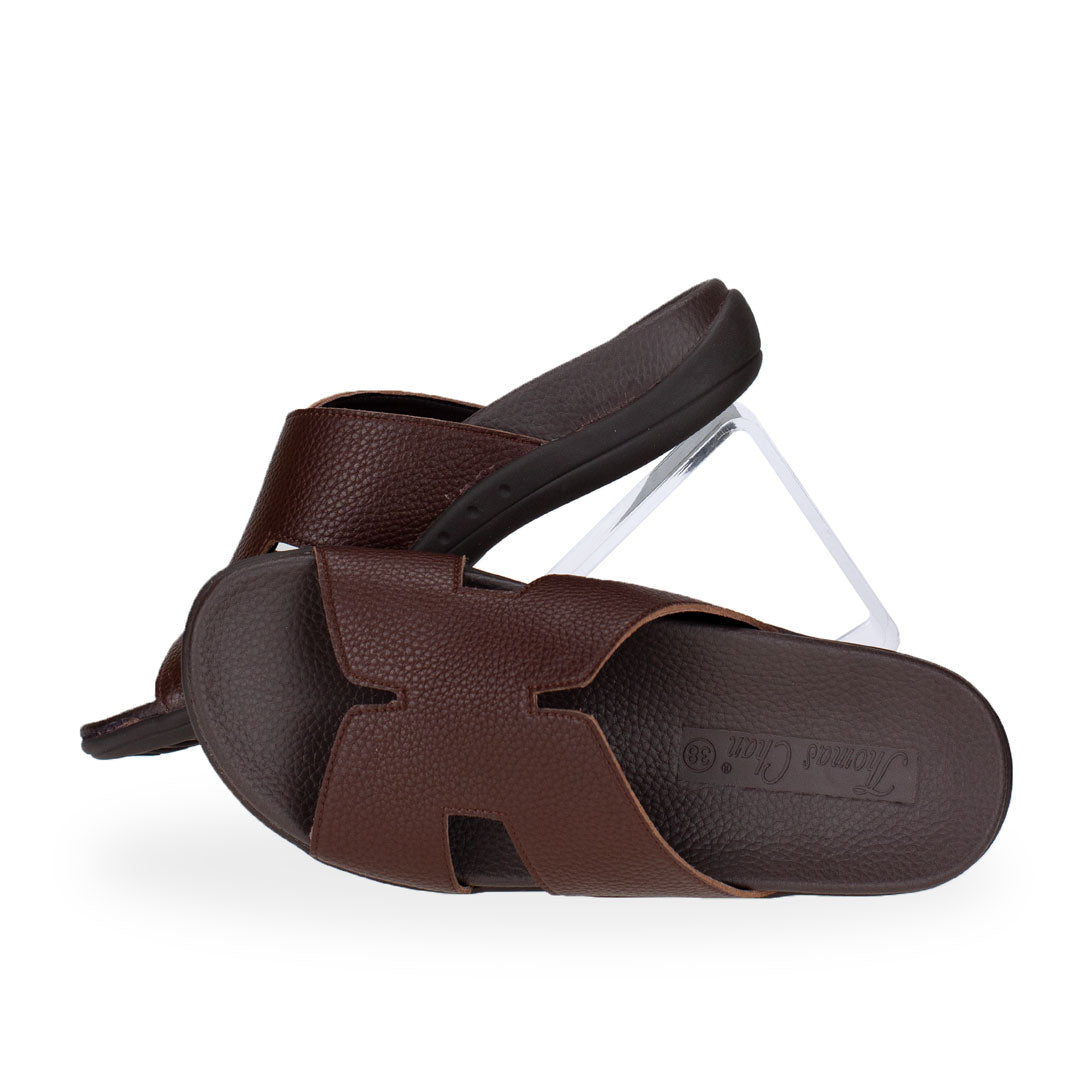 Full view of Thomas Chan Extra Comfort H-Strap Flats in dark brown colour, featuring built-in insoles for excellent arch support