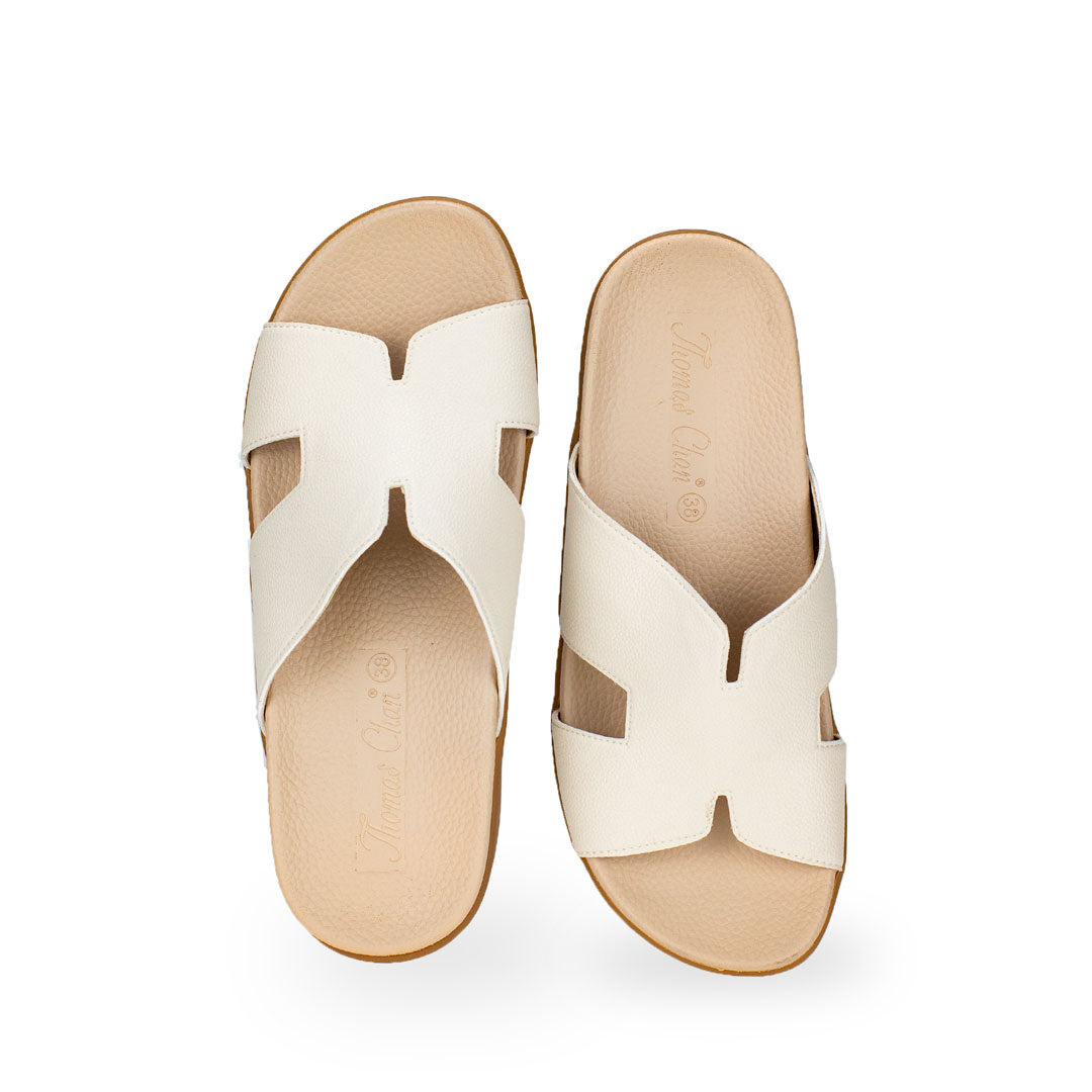 Front view of Thomas Chan Extra Comfort H-Strap Flats in ivory colour, featuring with in-built insoles for excellent arch support