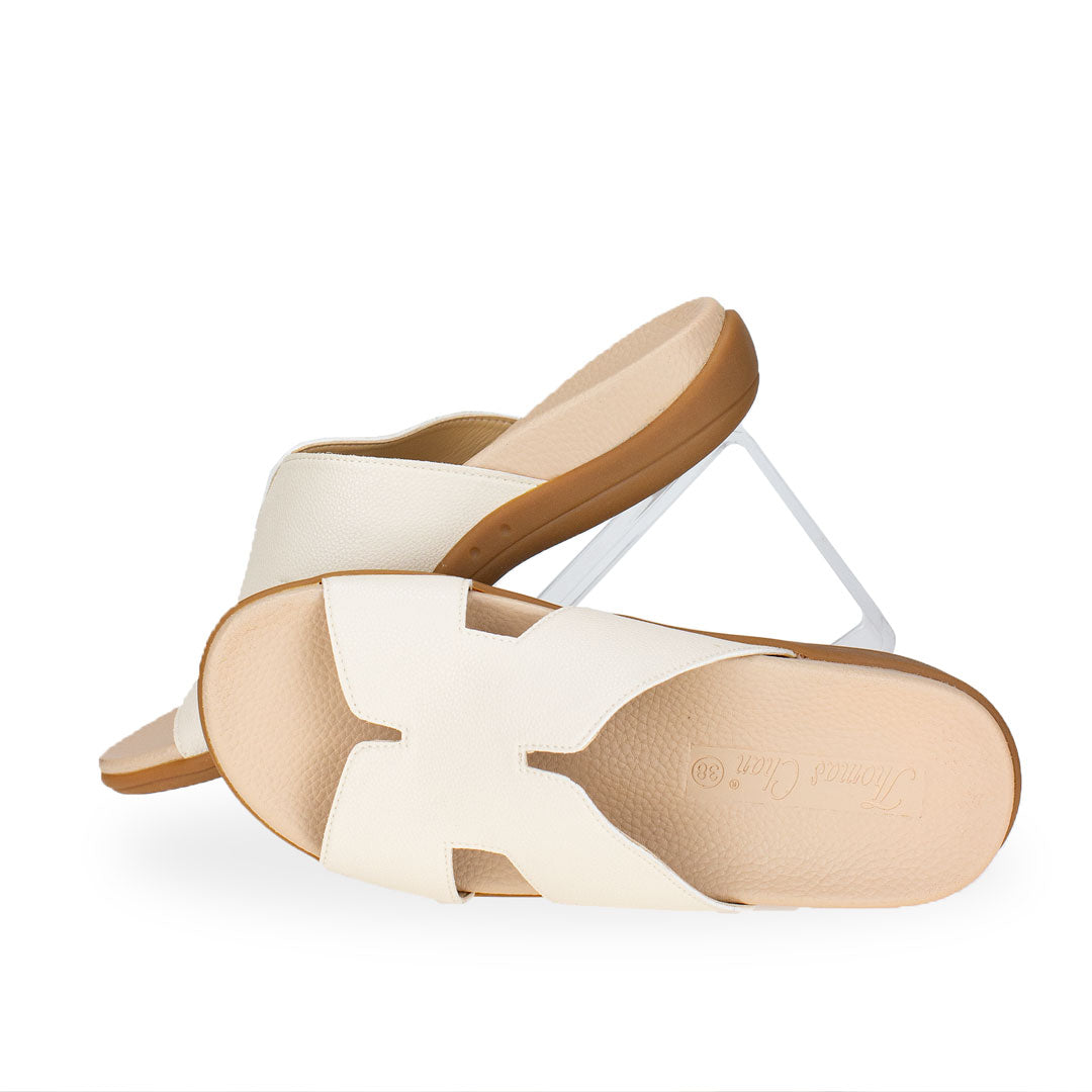 Full view of Thomas Chan Extra Comfort H-Strap Flats in ivory colour, featuring with in-built insoles for excellent arch support