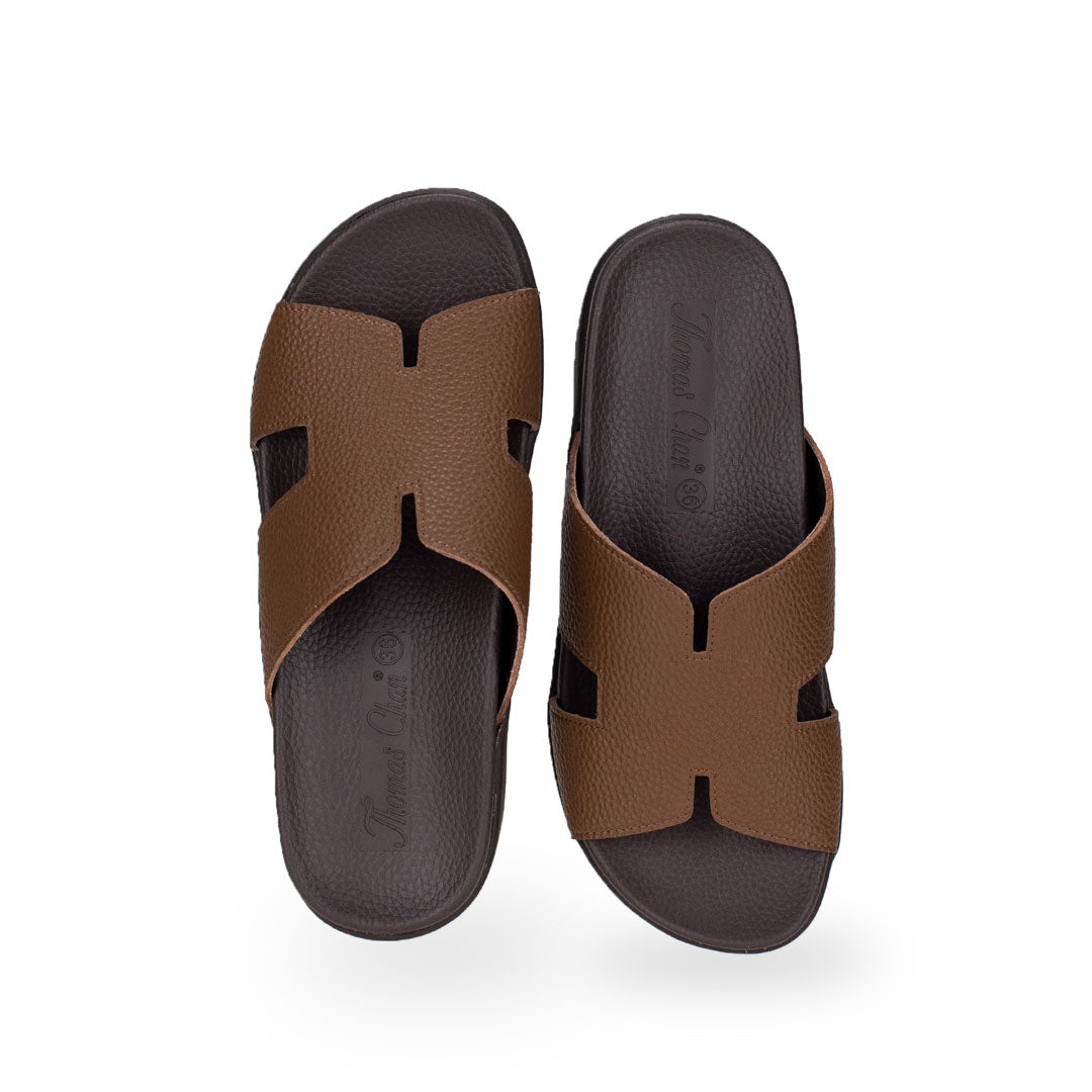 Front view of Thomas Chan Extra Comfort H-Strap Flats in light brown color, featuring built-in insoles for excellent arch support