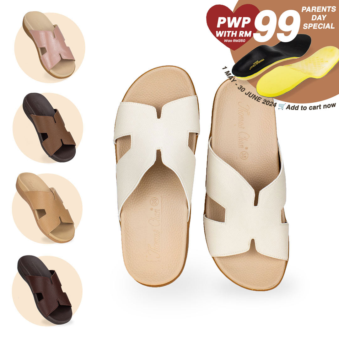 Thomas Chan H-strap flat sandals with in-built insoles providing great arch support, available in ivory, pink, light brown, camel, and dark brown colours. From 1st May to 30 June 2024, Thomas Chan is offering a parent's day special bundle: purchase 1 pair of Thomas Chan shoes & top up another RM99 to get a pair of good arch support orthopaedic insoles - originally worth RM350.