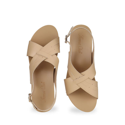 Front view of Thomas Chan Cross Strap Slingback Low Wedge Sandals in cream, incorporating arch-support insoles for superior comfort and effortless walking experience.