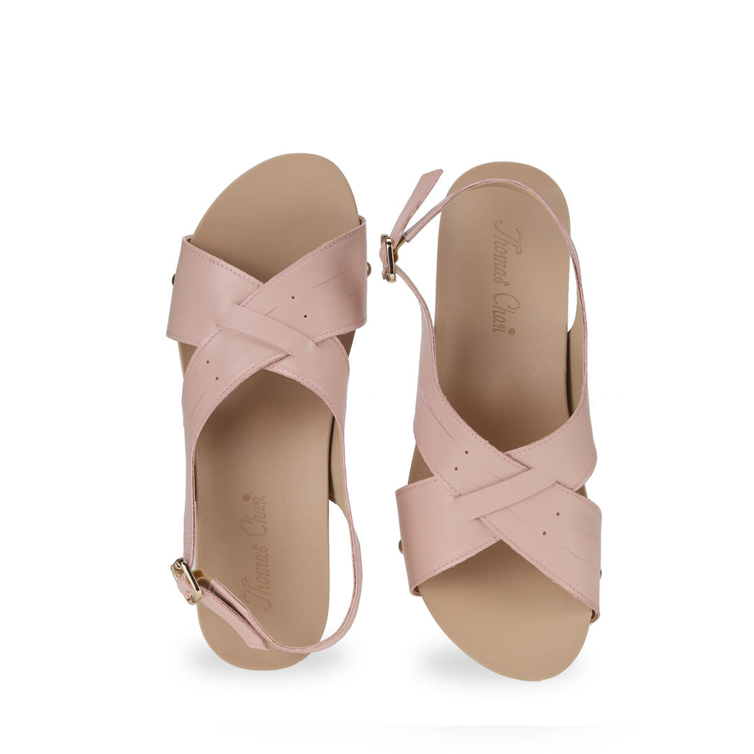 Front view of Thomas Chan Cross Strap Slingback Low Wedge Sandals in pink, featuring built-in arch-support insoles for enhanced comfort and ease of walking