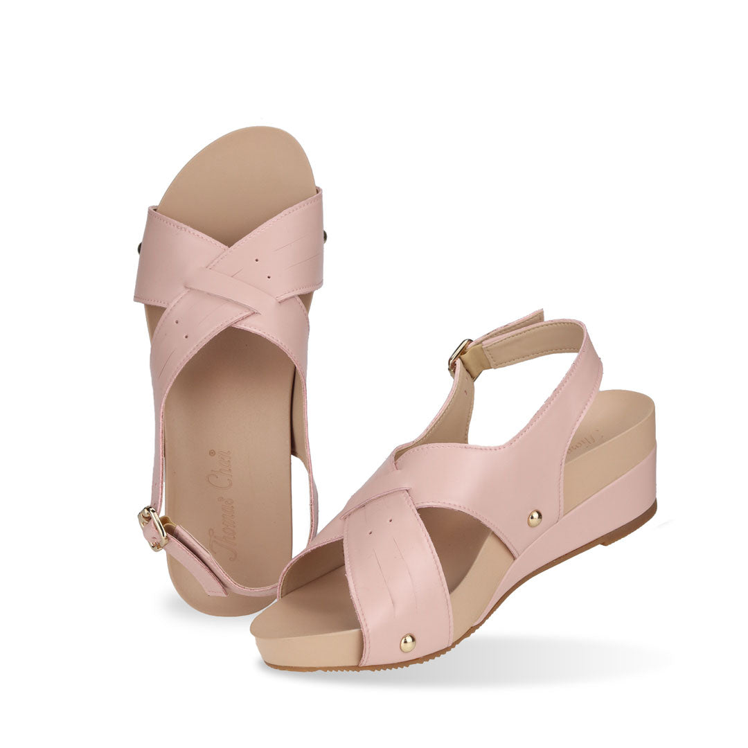 Full view of Thomas Chan Cross Strap Slingback Low Wedge Sandals in pink, featuring built-in arch-support insoles for enhanced comfort and ease of walking