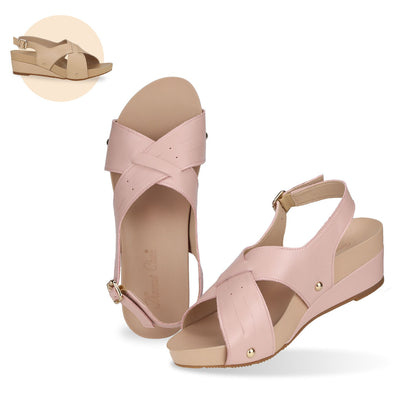 Thomas Chan Cross Strap Slingback Low Wedge Sandals available in pink and cream colours, designed with inbuilt arch-support insoles to maximize comfort and walking convenience.