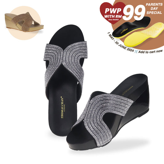 Thomas Chan black color diamond detail wedge sandals high heels available in black and gold. From 1st May to 30 June 2024, Thomas Chan is offering a parent's day special bundle: purchase 1 pair of Thomas Chan shoes & top up another RM99 to get a pair of good arch support orthopaedic insoles - originally worth RM350. 