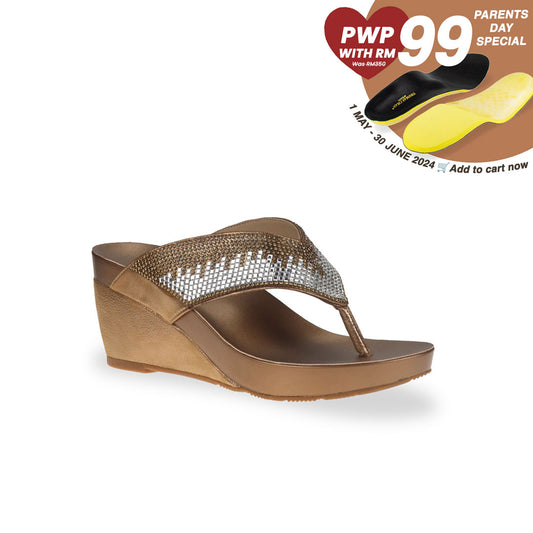 Thomas Chan Suede Rhinestone Wedge Flip Flops in bronze colour. The sandals are inbuilt with arch-support insoles, enhancing comfort and ease of walking. Elevate your casual look with a touch of sparkle and comfort. From 1st May to 30 June 2024, Thomas Chan is offering a parent's day special bundle: purchase 1 pair of Thomas Chan shoes & top up another RM99 to get a pair of good arch support orthopaedic insoles - originally worth RM350.