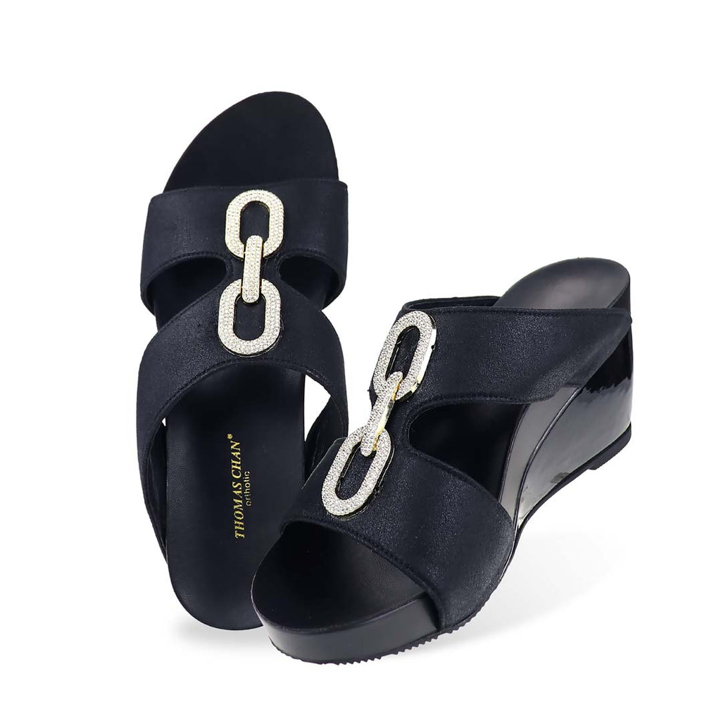 Top full view of Aurora Chain High Wedges on white background, featuring dual straps and diamond-link embellishments.