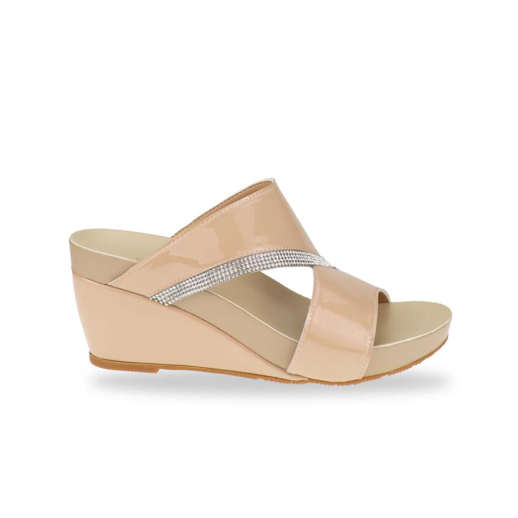 A sleek side profile of the Thomas Chan Diamond Strap Dinner Wedges from the Arch-legance collection, showcasing the elegant multi-row diamond strap and a low wedge heel for a graceful lift. The Orthotic Arch-legance footbed ensures both style and comfort.