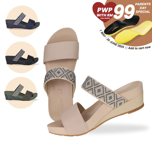 Thomas Chan comfortable boho-inspired strappy low wedge sandals, available in beige, blue, black, olive green colours, designed with inbuilt arch-support insoles to maximize comfort and walking convenience. From 1st May to 30 June 2024, Thomas Chan is offering a parent's day special bundle: purchase 1 pair of Thomas Chan shoes & top up another RM99 to get a pair of good arch support orthopaedic insoles - originally worth RM350.
