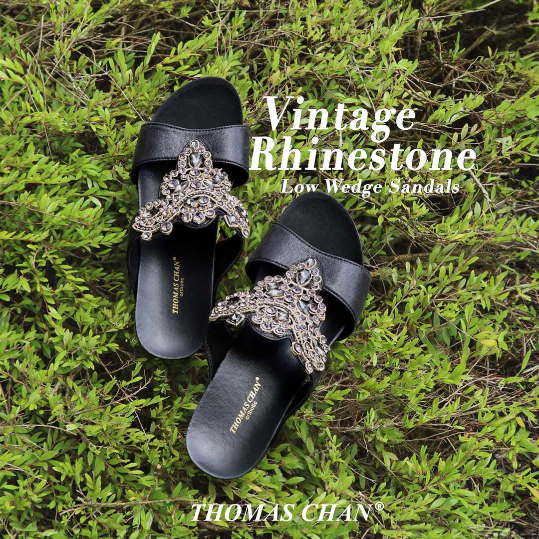Vintage Rhinestone Low Wedge Sandals 2" inch [Arch-legance Series]