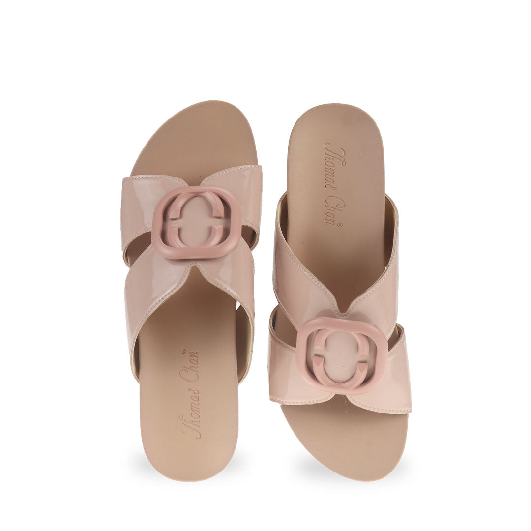 Soft pastel pink casual deco cutout low wedge sandals front product view