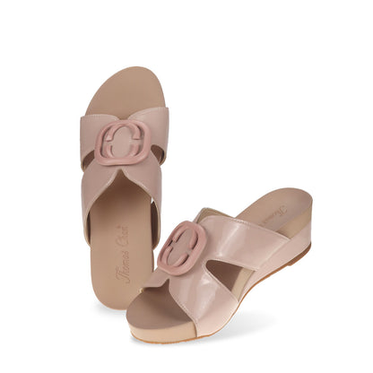 Soft pastel pink casual deco cutout low wedge sandals full product view