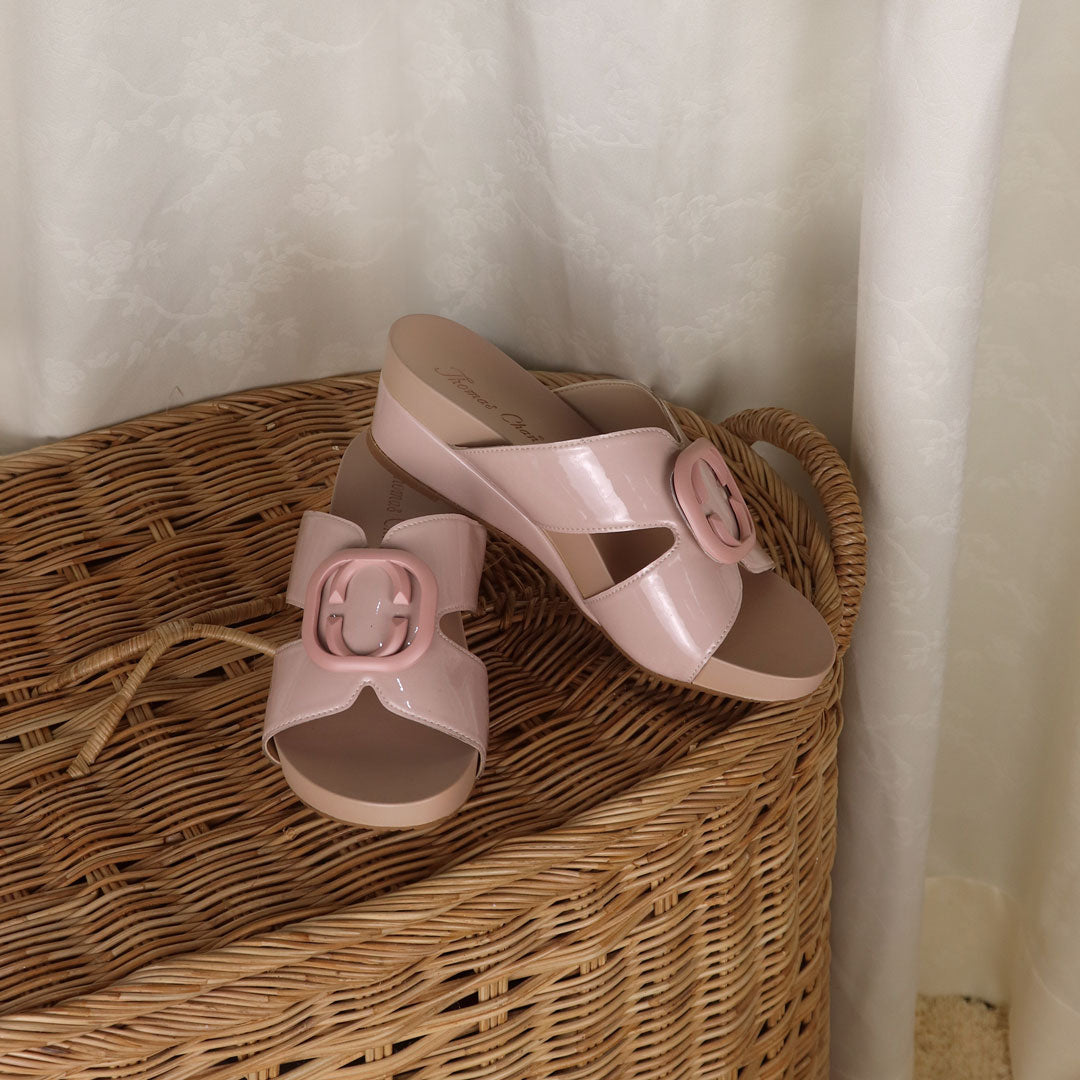 Soft pastel pink casual deco cutout low wedge sandals comfy vacation vibes