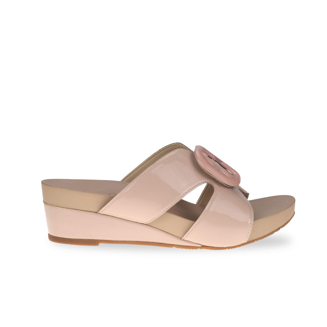 Soft pastel pink casual deco cutout low wedge sandals side product view