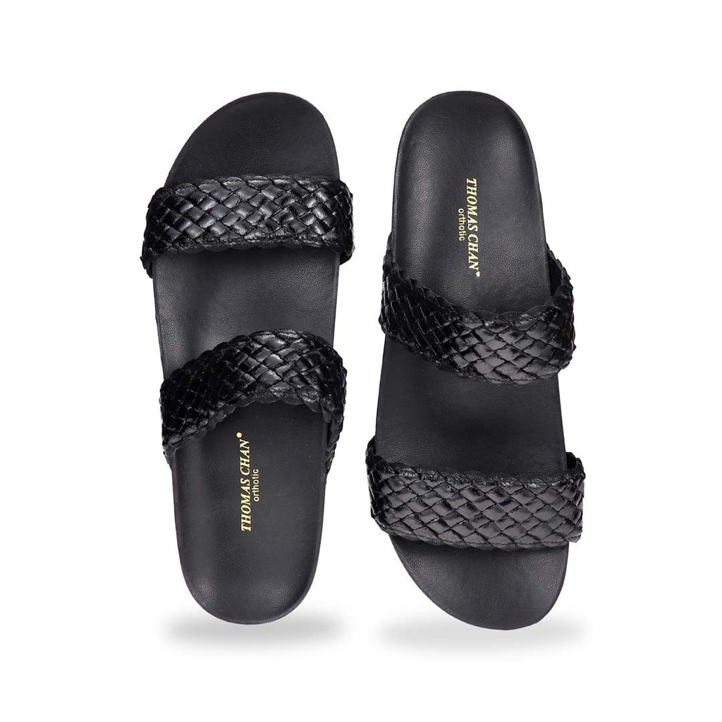 Front angle of black twin band sandals with square toe design – Thomas Chan LiteStep women’s comfort sandals