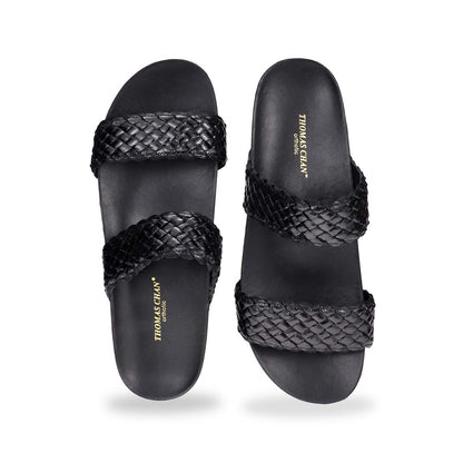 Front angle of black twin band sandals with square toe design – Thomas Chan LiteStep women’s comfort sandals