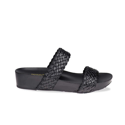 Side profile of black flatform twin band sandals with woven texture – Thomas Chan Pretty Essential Sandals