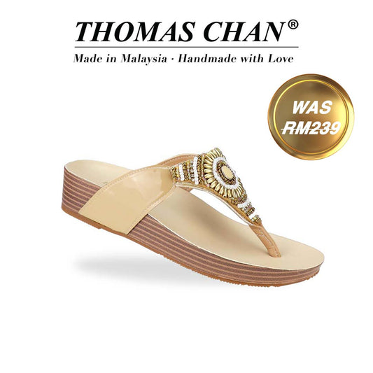 Diagonal view of Thomas Chan's Boho Beaded Flatform Flip-Flops in cream, showcasing the boho beaded design and LiteStep flatform footbed. The 'THOMAS CHAN®' brand is displayed below with 'Made in Malaysia · Handmade with Love.' A gold and white banner highlights a special offer: 'Was RM239'