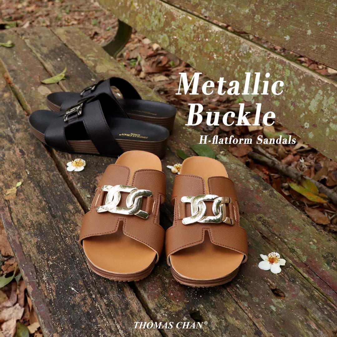 Metallic Buckle H-Flatform Sandals [LiteStep Collection]