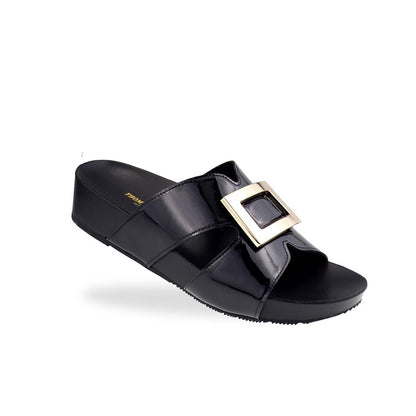 Thomas Chan LiteStep flatform sandals in black patent leather with square gold buckle, displayed diagonally on white studio background.