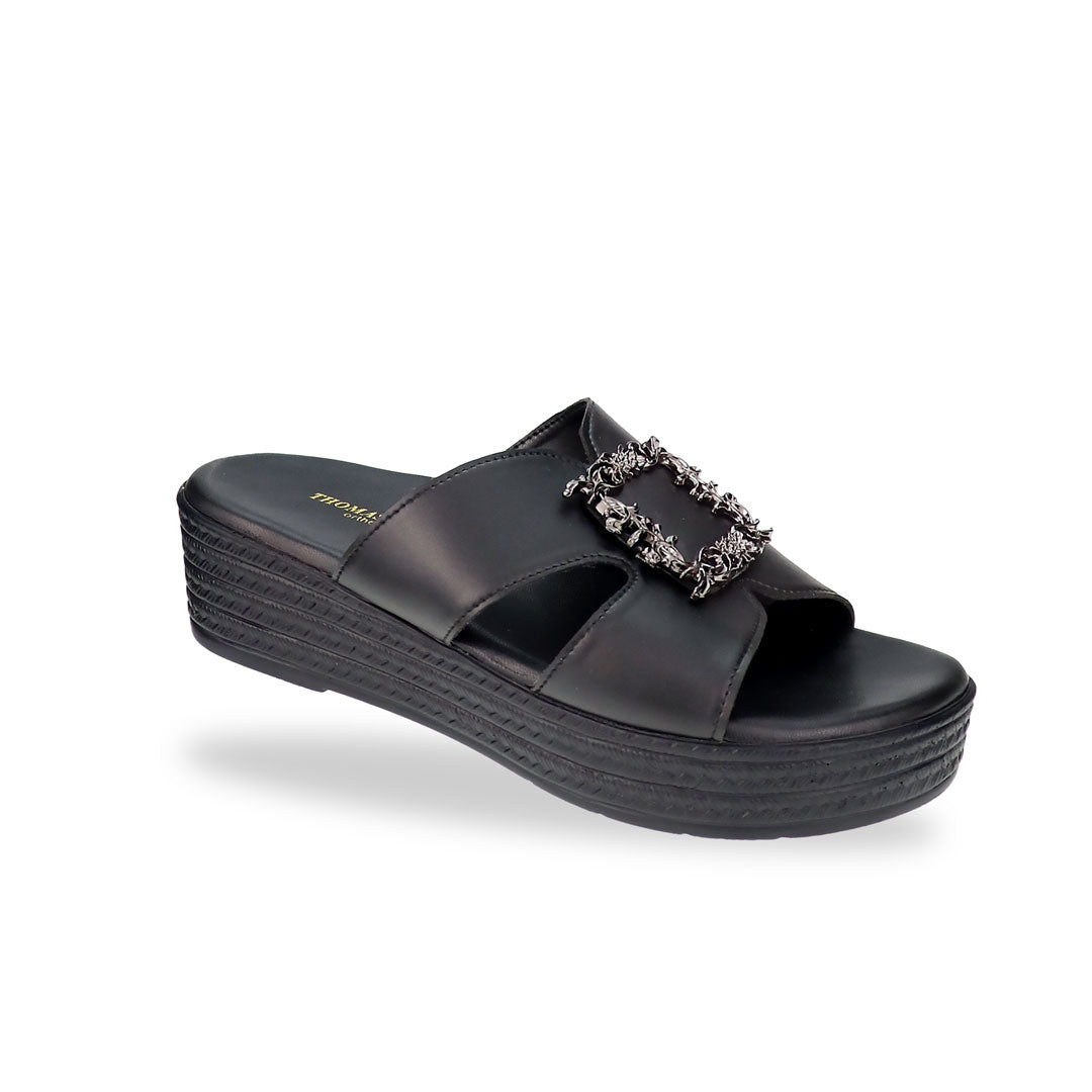 Thomas Chan bronze colour  Vintage Framed Flatform Sandals in a diagonal studio view, highlighting the textured flatform sole, sleek bronze finish, and black silver embellished buckle at an angle.
