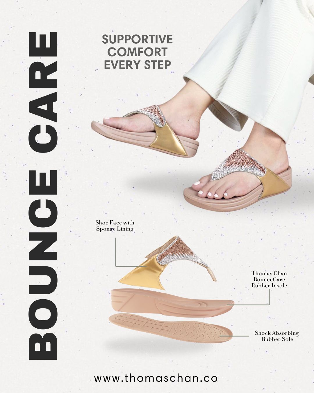 A model in white pants wears Diamond Embellished Flip-Flop Sandals from the Bounce Care Collection, featuring shimmering embellishments, a gold-tone accent, and a cushioned 1.5” BounceCare rubber insole. An exploded view below highlights key comfort features: sponge-lined straps, shock-absorbing sole, and BounceCare insole. Text reads ‘Supportive Comfort Every Step,’ with www.thomaschan.co at the bottom.