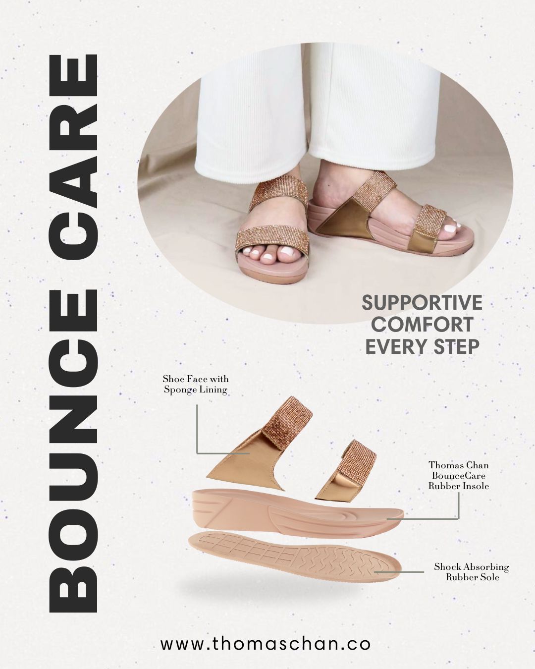 A model in white pants wears Diamond Embellished Duo-Strap Sandals from the Bounce Care Collection, featuring shimmering embellishments, a bronze-tone accent, and a cushioned 1.5” BounceCare rubber insole. An exploded view below highlights key comfort features: sponge-lined straps, shock-absorbing sole, and BounceCare insole. Text reads ‘Supportive Comfort Every Step,’ with www.thomaschan.co at the bottom.