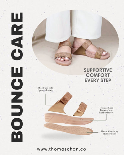 A model in white pants wears Diamond Embellished Duo-Strap Sandals from the Bounce Care Collection, featuring shimmering embellishments, a bronze-tone accent, and a cushioned 1.5” BounceCare rubber insole. An exploded view below highlights key comfort features: sponge-lined straps, shock-absorbing sole, and BounceCare insole. Text reads ‘Supportive Comfort Every Step,’ with www.thomaschan.co at the bottom.