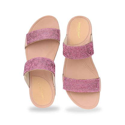 A front-facing view of the Diamond Embellished Duo-Strap Bounce Care Sandals in Nude Pink, focusing on the detailed crystal embellishments on the wide straps. The open-toe design enhances breathability, making it a stylish and comfortable choice for any occasion.