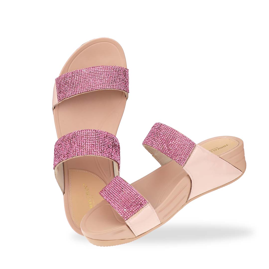 A full view of the Diamond Embellished Duo-Strap Bounce Care Sandals in Nude Pink, capturing its sleek design, soft rubber sole, and shimmering crystal accents. The elegant yet comfortable construction makes it a go-to footwear choice for effortless sophistication.