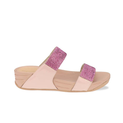 A side view of the Diamond Embellished Duo-Strap Bounce Care Sandals in Nude Pink, showcasing the soft rubber sole’s slight elevation and ergonomic design. The straps’ dazzling embellishments add a luxurious touch, perfect for both casual and dressy looks.