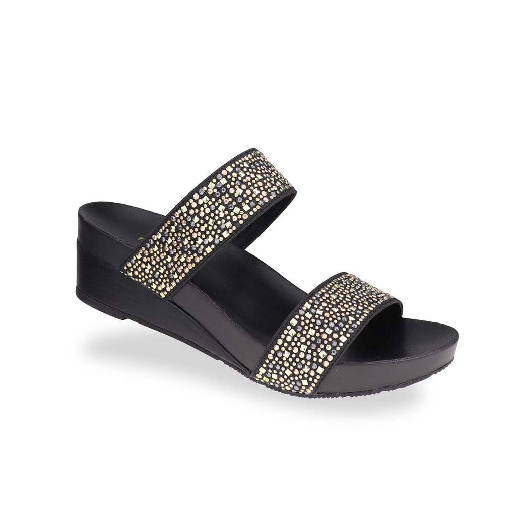 Diagonal view of Thomas Chan's Blinkies Twin Band Wedges – sparkling twin-strap low wedges in black with arch-support footbed for women.