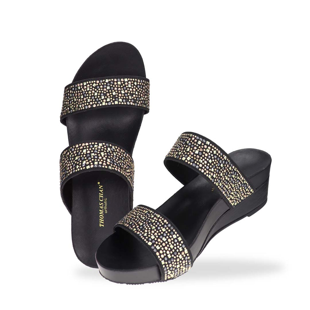 Full view of Blinkies Twin Band Wedges – stylish black rhinestone sandals with arch support and low wedge heel for women by Thomas Chan.