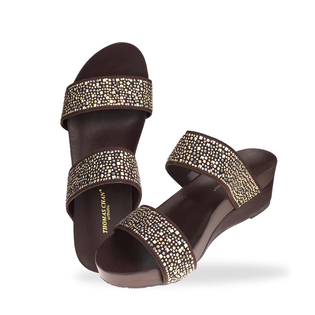 Full view of Blinkies Twin Band Wedges – stylish brown rhinestone sandals with arch support and low wedge heel for women by Thomas Chan.